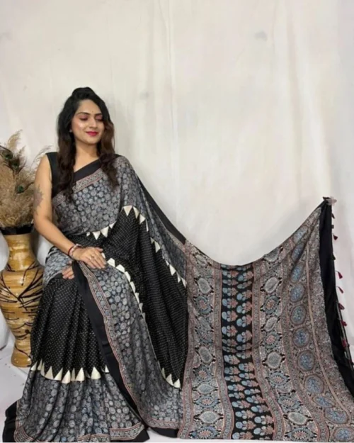 Generic Women's Satin Printed Saree With Unstitched Blouse 5.5Mtr (Black)
