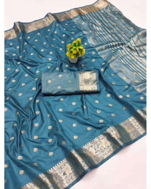 Generic Women's Jacquard Silk Jaquard Woven Saree With Unstitched Blouse 5.5Mtr (Light Blue)