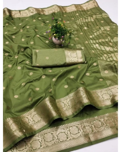 Generic Women's Jacquard Silk Jaquard Woven Saree With Unstitched Blouse 5.5Mtr (Green)