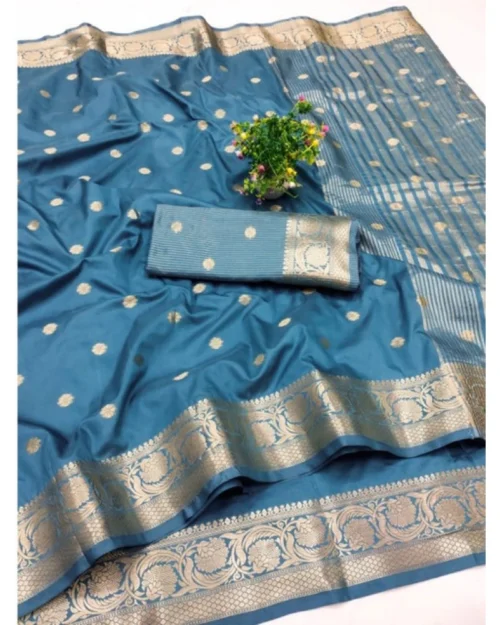 Generic Women's Jacquard Silk Jaquard Woven Saree With Unstitched Blouse 5.5Mtr (Light Blue)