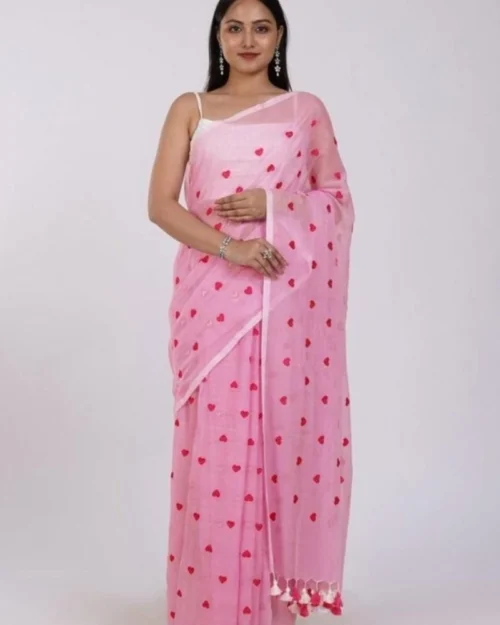 Generic Women's Linen Printed Saree With Unstitched Blouse 5.5Mtr (Pink)