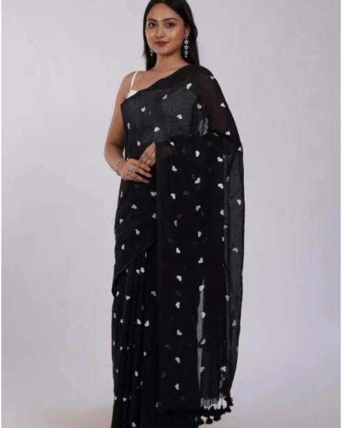 Generic Women's Linen Printed Saree With Unstitched Blouse 5.5Mtr (Black)