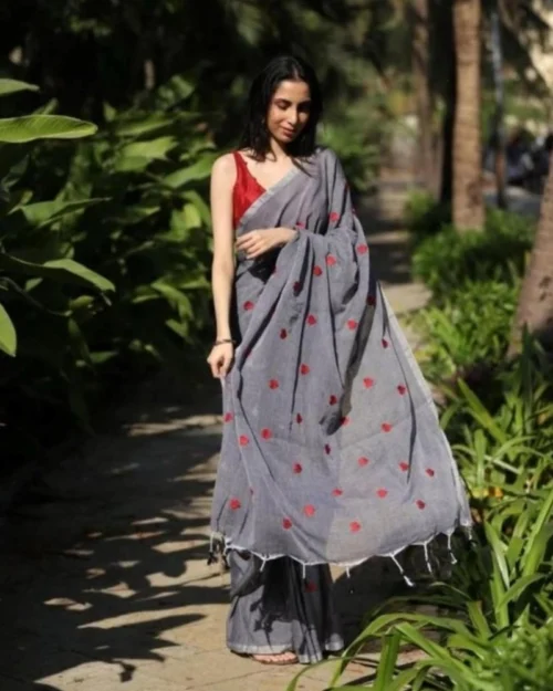 Generic Women's Linen Printed Saree With Unstitched Blouse 5.5Mtr (Grey)