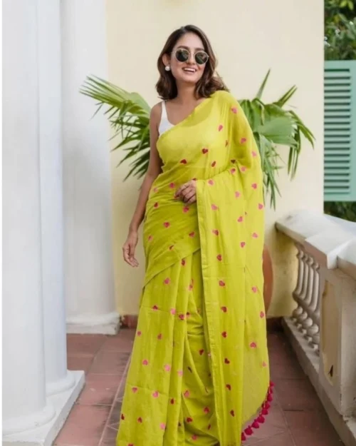 Generic Women's Linen Printed Saree With Unstitched Blouse 5.5Mtr (Light Green)