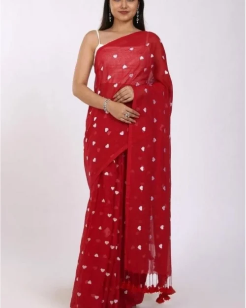 Generic Women's Linen Printed Saree With Unstitched Blouse 5.5Mtr (Red)