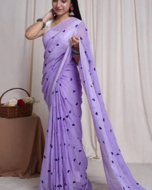Generic Women's Linen Printed Saree With Unstitched Blouse 5.5Mtr (Purple)