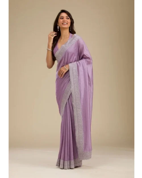 Generic Women's Silk Embroidred Saree With Unstitched Blouse 5.5Mtr (Purple)