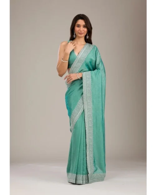 Generic Women's Silk Embroidred Saree With Unstitched Blouse 5.5Mtr (Light Green)