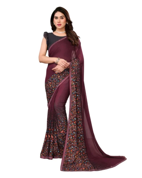 Generic Women's Georgette Printed Saree With Unstitched Blouse 5.5Mtr (Maroon)