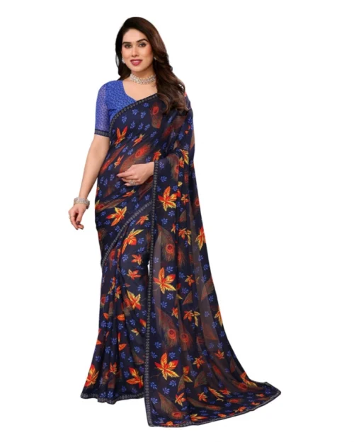 Generic Women's Georgette Printed Saree With Unstitched Blouse 5.5Mtr (Blue)