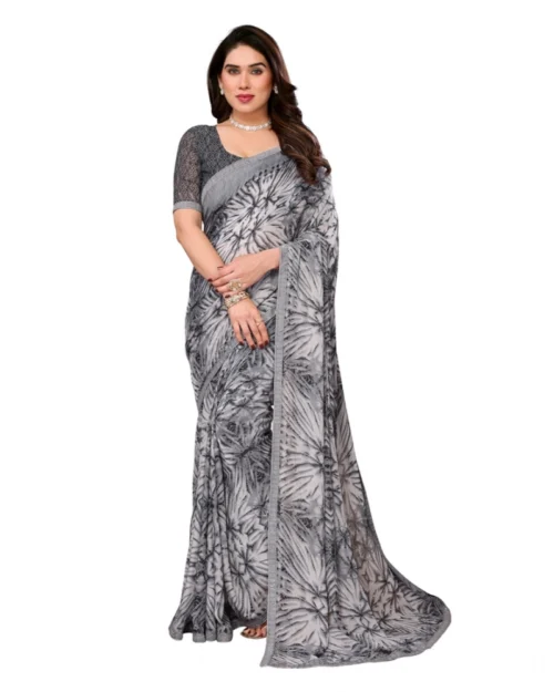 Generic Women's Georgette Printed Saree With Unstitched Blouse 5.5Mtr (Grey)