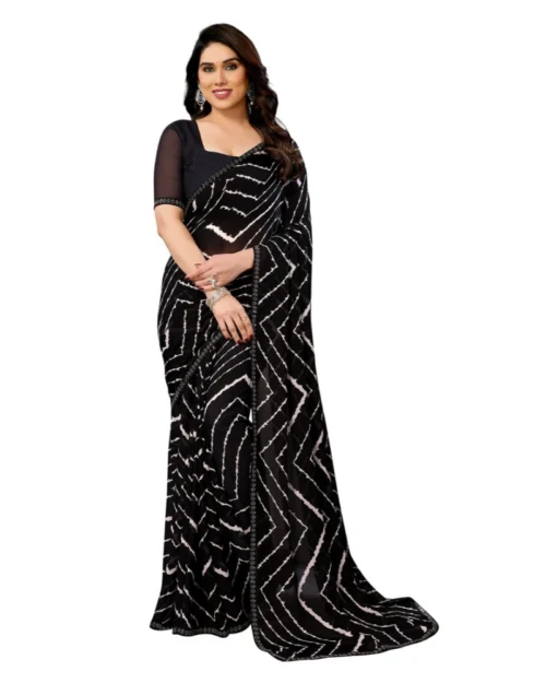 Generic Women's Georgette Printed Saree With Unstitched Blouse 5.5Mtr (Black)