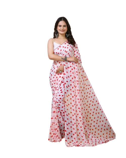 Generic Women's Georgette Printed Saree With Unstitched Blouse 5.5Mtr (White-Red)