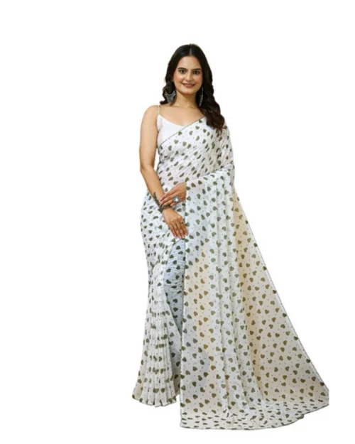 Generic Women's Georgette Printed Saree With Unstitched Blouse 5.5Mtr (White-Grey)