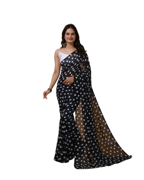 Generic Women's Georgette Printed Saree With Unstitched Blouse 5.5Mtr (Black)
