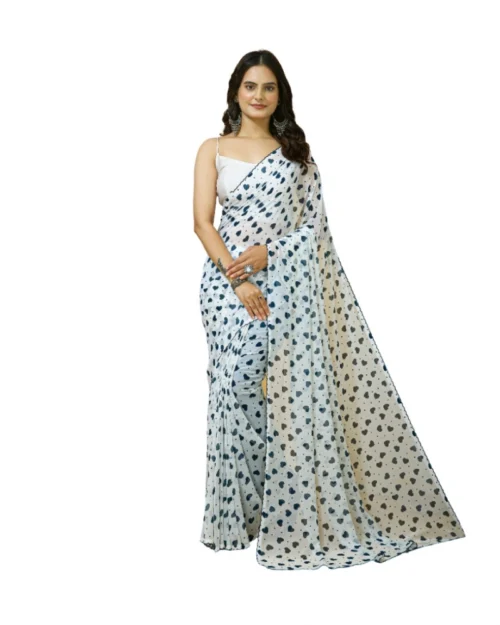 Generic Women's Georgette Printed Saree With Unstitched Blouse 5.5Mtr (White)