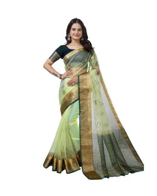 Generic Women's Organza jacquard Embellished Saree With Unstitched Blouse 5.5Mtr (Light Green)