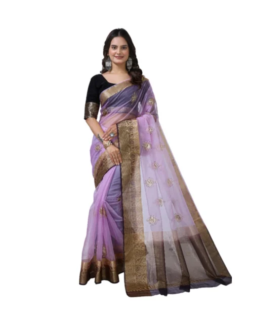 Generic Women's Organza jacquard Embellished Saree With Unstitched Blouse 5.5Mtr (Purple)