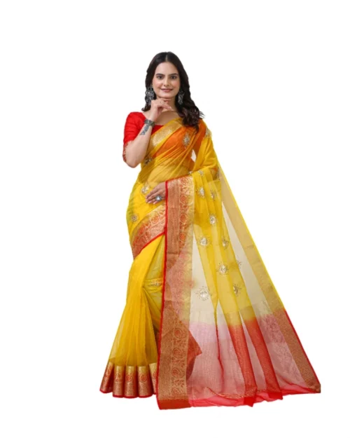 Generic Women's Organza jacquard Embellished Saree With Unstitched Blouse 5.5Mtr (Yellow)