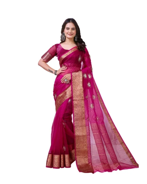 Generic Women's Organza jacquard Embellished Saree With Unstitched Blouse 5.5Mtr (Pink)