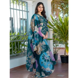 Generic Women's Cotton Blend Printed Kurti With Pant Dupatta Set (Rama)