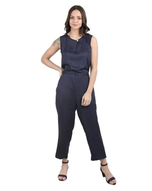 Generic Women's Casual Crepe Sleeveless Jump Suit (Navy Blue)