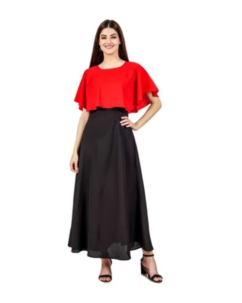 Generic Women's Casual Crepe Sleeveless Cape Dress (Red)