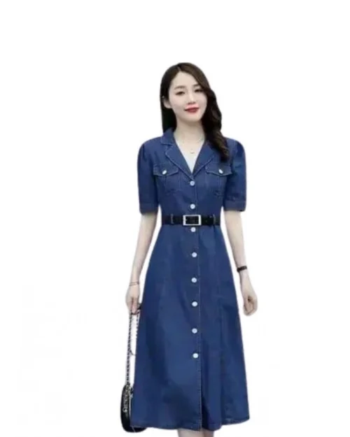 Generic Women's Casual Denim Half Sleeves Dress (Blue)