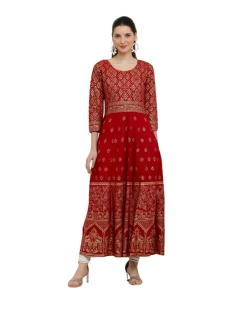 Generic Women's Casual Rayon 3-4th Sleeves Anarkali Kurti (Red)