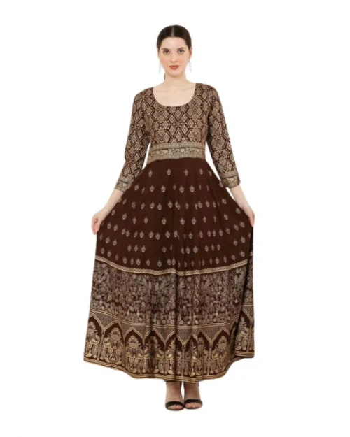 Generic Women's Casual Rayon 3-4th Sleeves Anarkali Kurti (Brown)