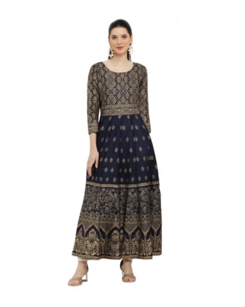 Generic Women's Casual Rayon 3-4th Sleeves Anarkali Kurti (Blue)