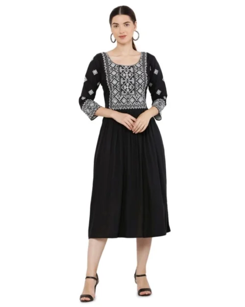 Generic Women's Casual Rayon 3-4th Sleeves Kurti (Black)