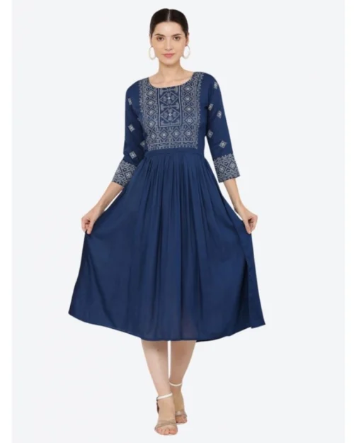 Generic Women's Casual Rayon 3-4th Sleeves Kurti (Blue)