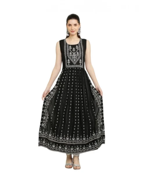 Generic Women's Casual Rayon Sleeveless Kurti (Black)