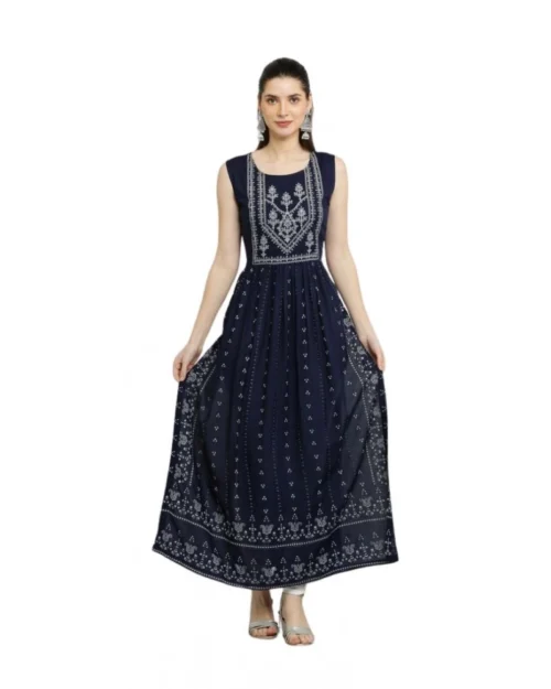Generic Women's Casual Rayon Sleeveless Kurti (Blue)
