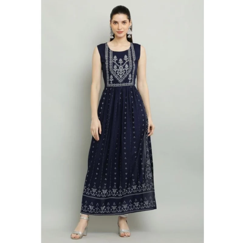 Generic Women's Casual Rayon Sleeveless Kurti (Blue)