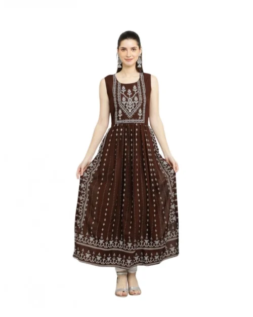 Generic Women's Casual Rayon Sleeveless Kurti (Brown)