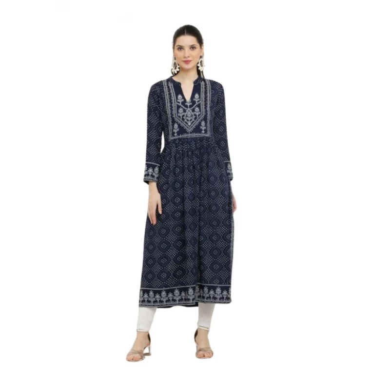 Generic Women's Casual Rayon Full sleeve Kurti (Blue)