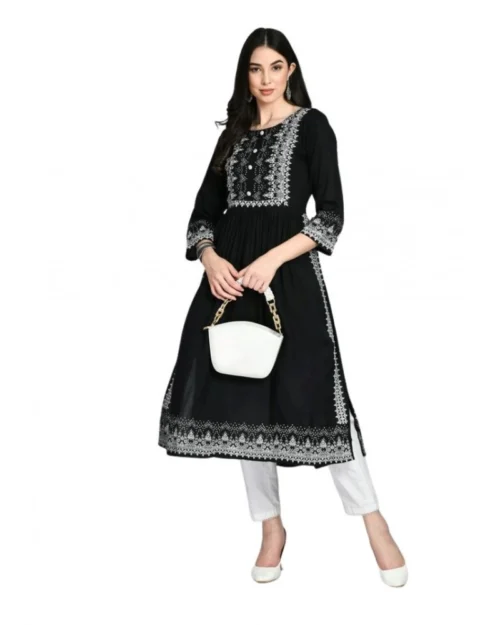 Generic Women's Casual Rayon 3-4th Sleeves Kurti (Black)