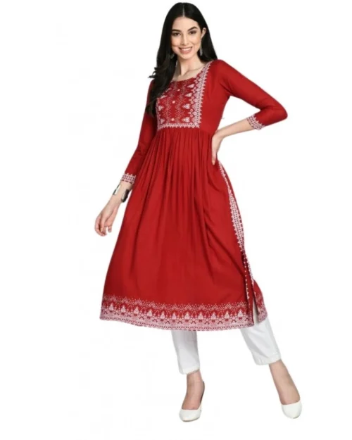 Generic Women's Casual Rayon 3-4th Sleeves Kurti (Maroon)