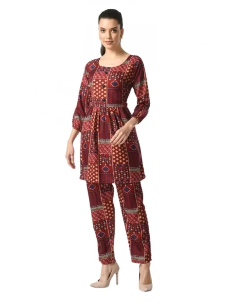 Generic Women's Casual Crepe 3-4th Sleeves Cord Set (Maroon)