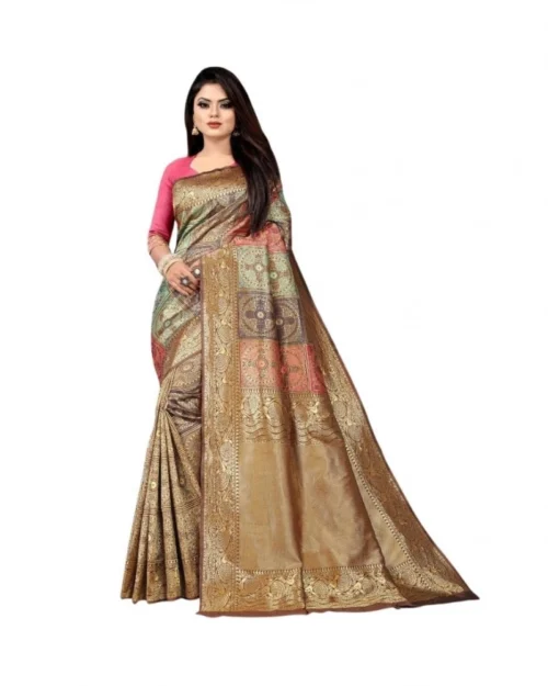 Generic Women's Soft Lichi Silk Printed Saree With Unstitched Blouse 5.5Mtr (Gold)