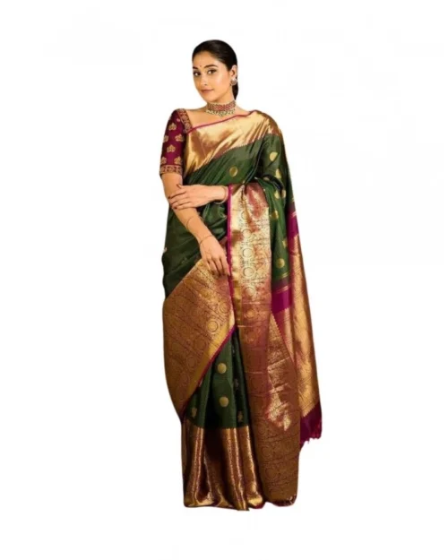 Generic Women's Soft Lichi Silk Printed Saree With Unstitched Blouse 5.5Mtr (Green)