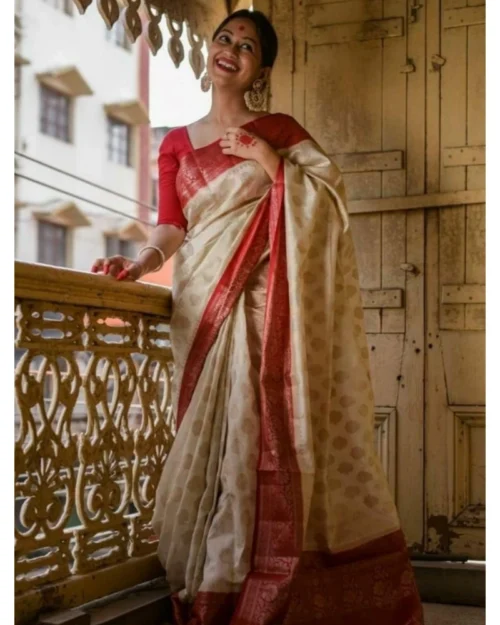 Generic Women's Soft Lichi Silk Printed Saree With Unstitched Blouse 5.5Mtr (White)