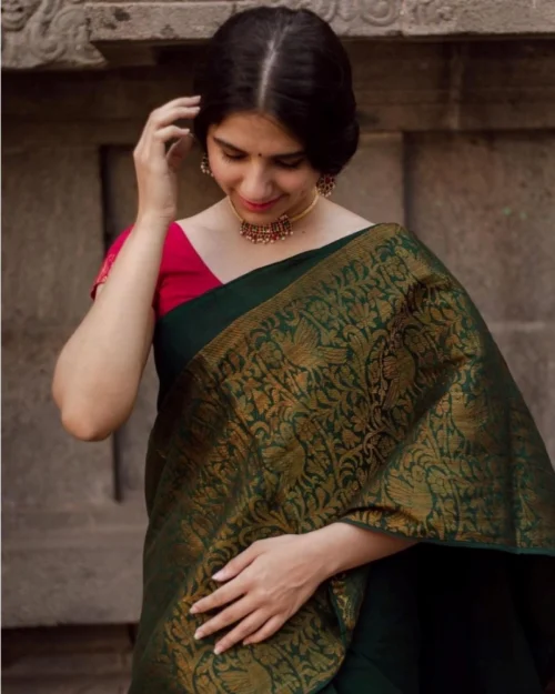 Generic Women's Soft Lichi Silk Printed Saree With Unstitched Blouse 5.5Mtr (Green)
