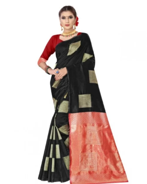 Generic Women's Soft Lichi Silk Printed Saree With Unstitched Blouse 5.5Mtr (Black)