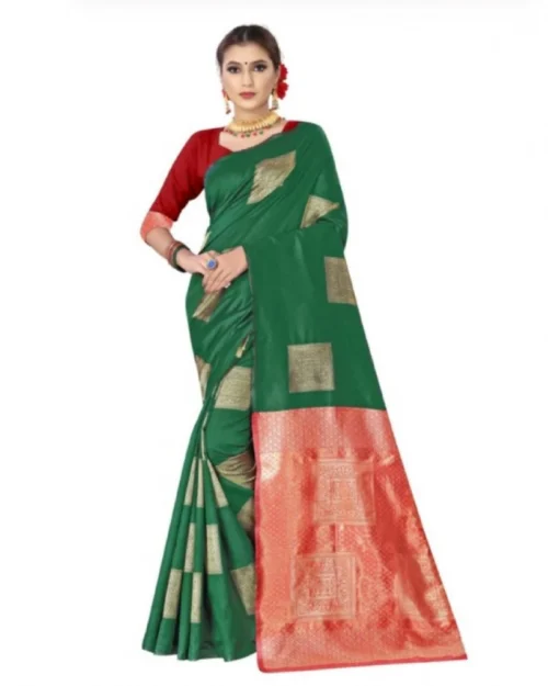 Generic Women's Soft Lichi Silk Printed Saree With Unstitched Blouse 5.5Mtr (Green)