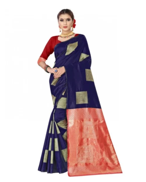 Generic Women's Soft Lichi Silk Printed Saree With Unstitched Blouse 5.5Mtr (Blue)