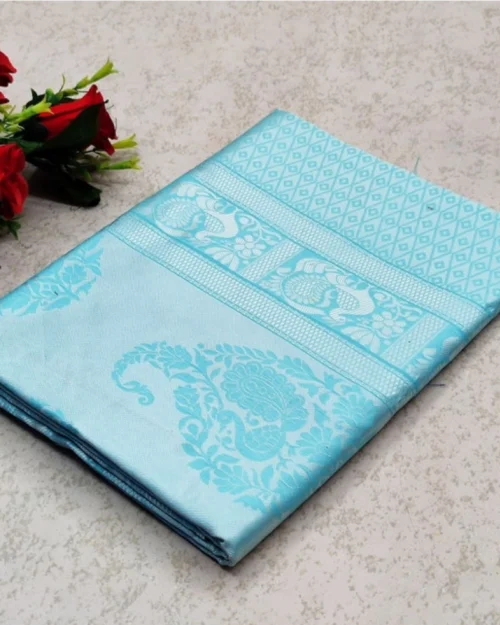 Generic Women's Soft Lichi Silk Printed Saree With Unstitched Blouse 5.5Mtr (Sky Blue)