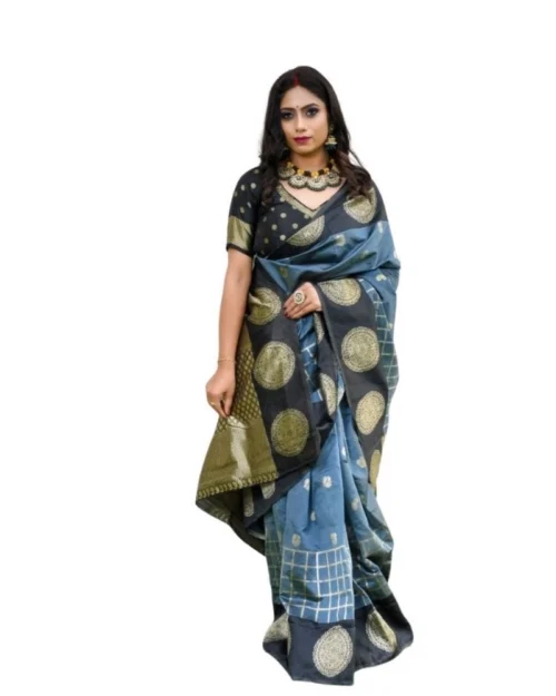 Generic Women's Soft Lichi Silk Printed Saree With Unstitched Blouse 5.5Mtr (Grey)